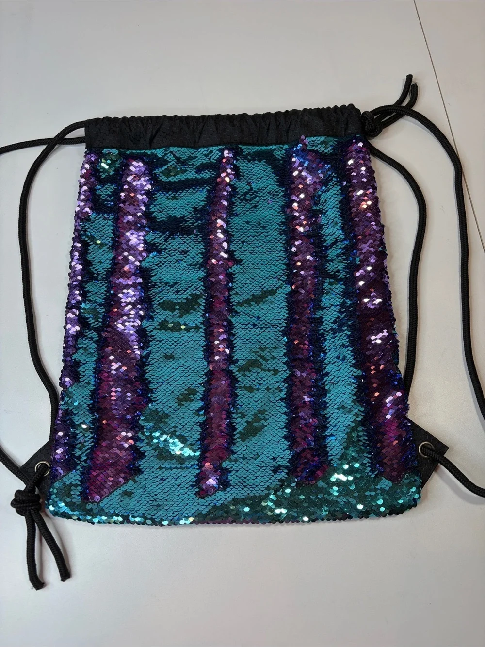Reversible Sequin Drawstring Backpack Bag Teal Purple Mermaid Sparkle